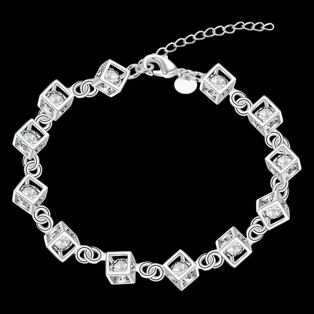 Bracelet en argent sterling 925 pour femmes, chaîne en treillis de cristal brillant, bijoux de luxe 