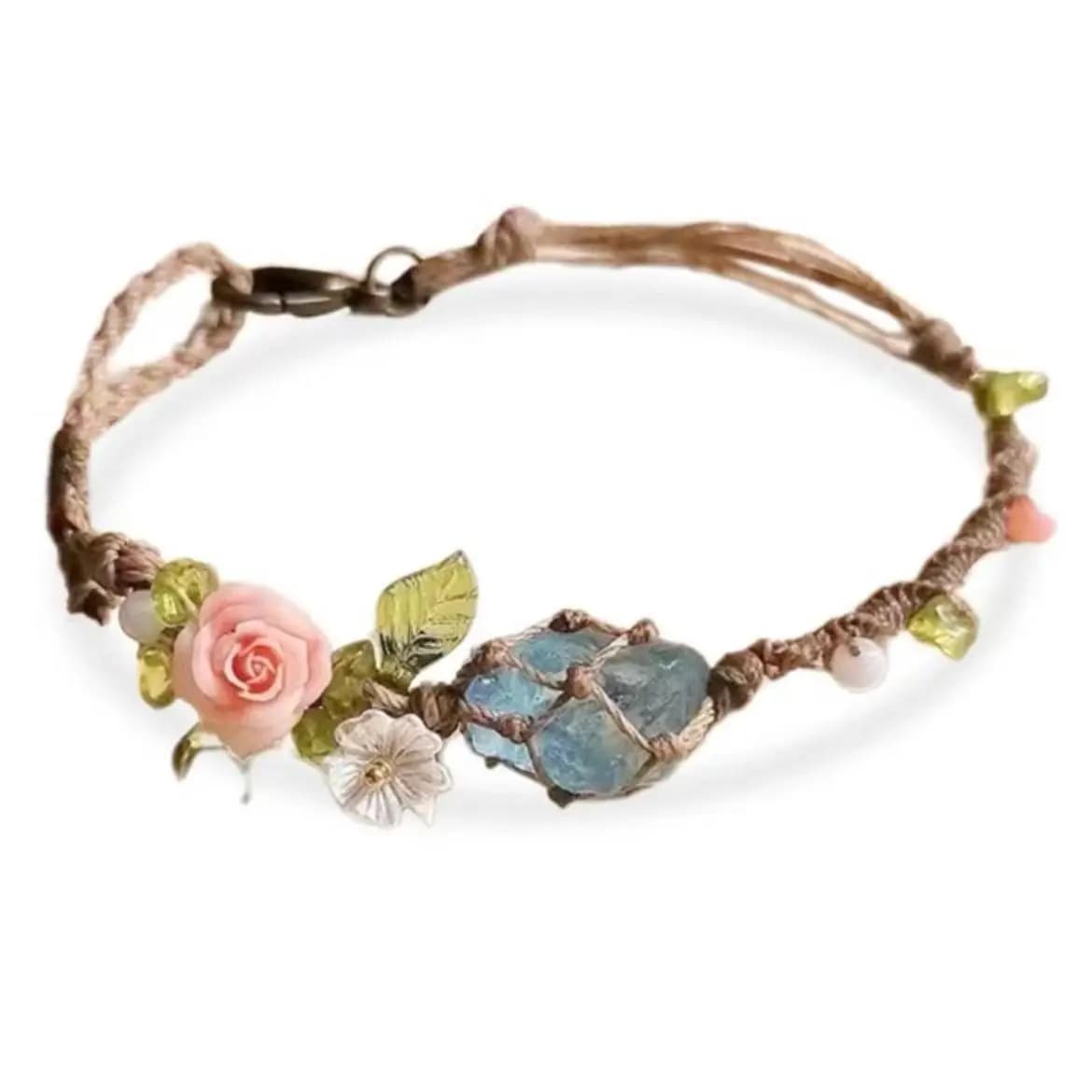 Bracelet de perles en pierre aigue-marine, Quartz Rose naturel, fait à la main, filet en cristal mac