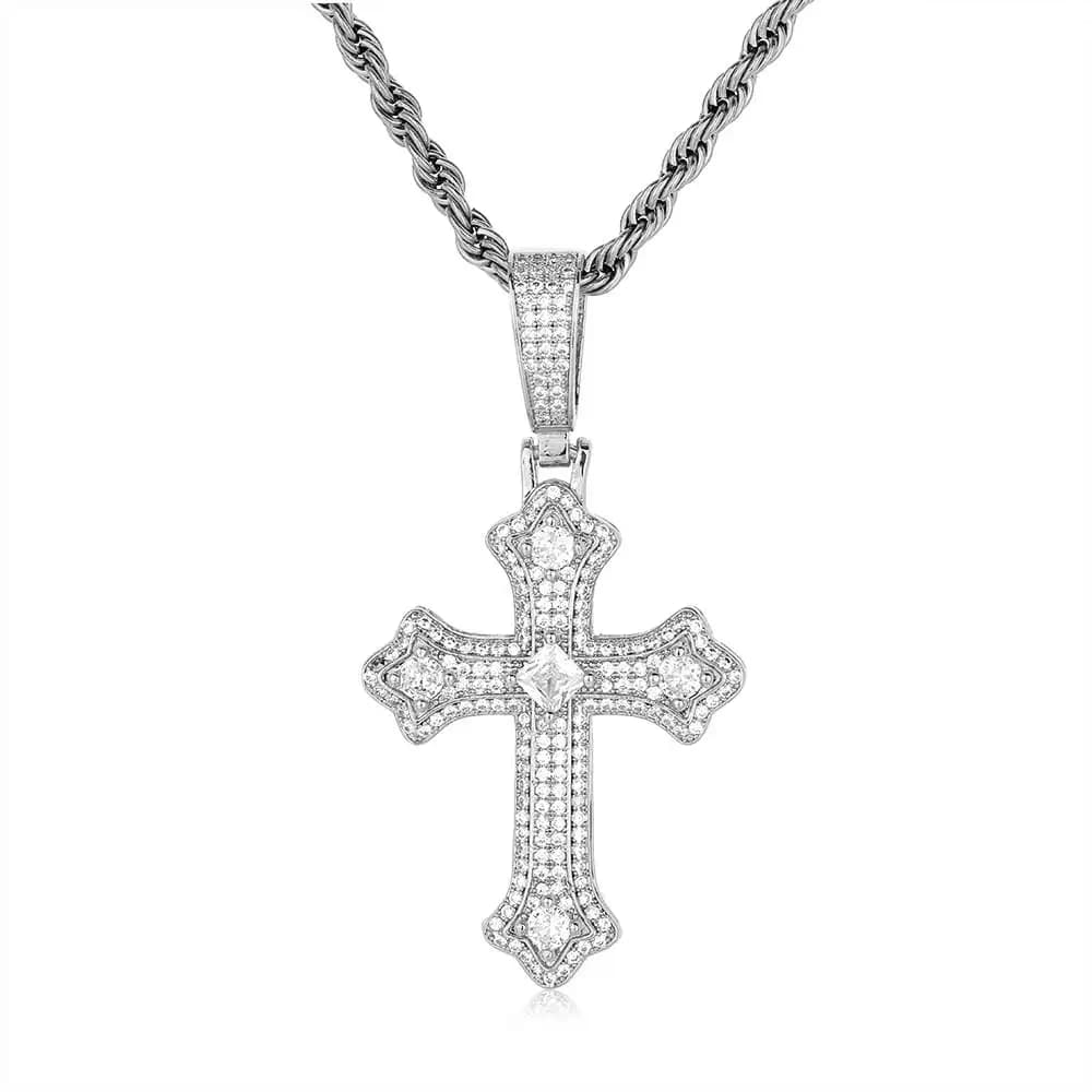 Collier en diamant glacé avec croix de jésus, chaîne de Tennis, pendentif en croix, foi religieuse, 
