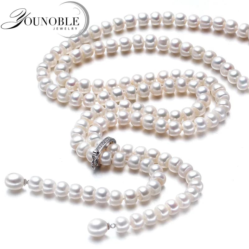 Collier en perles véritables long pour femmes, argent 925, perles d'eau douce naturelles blanches, c