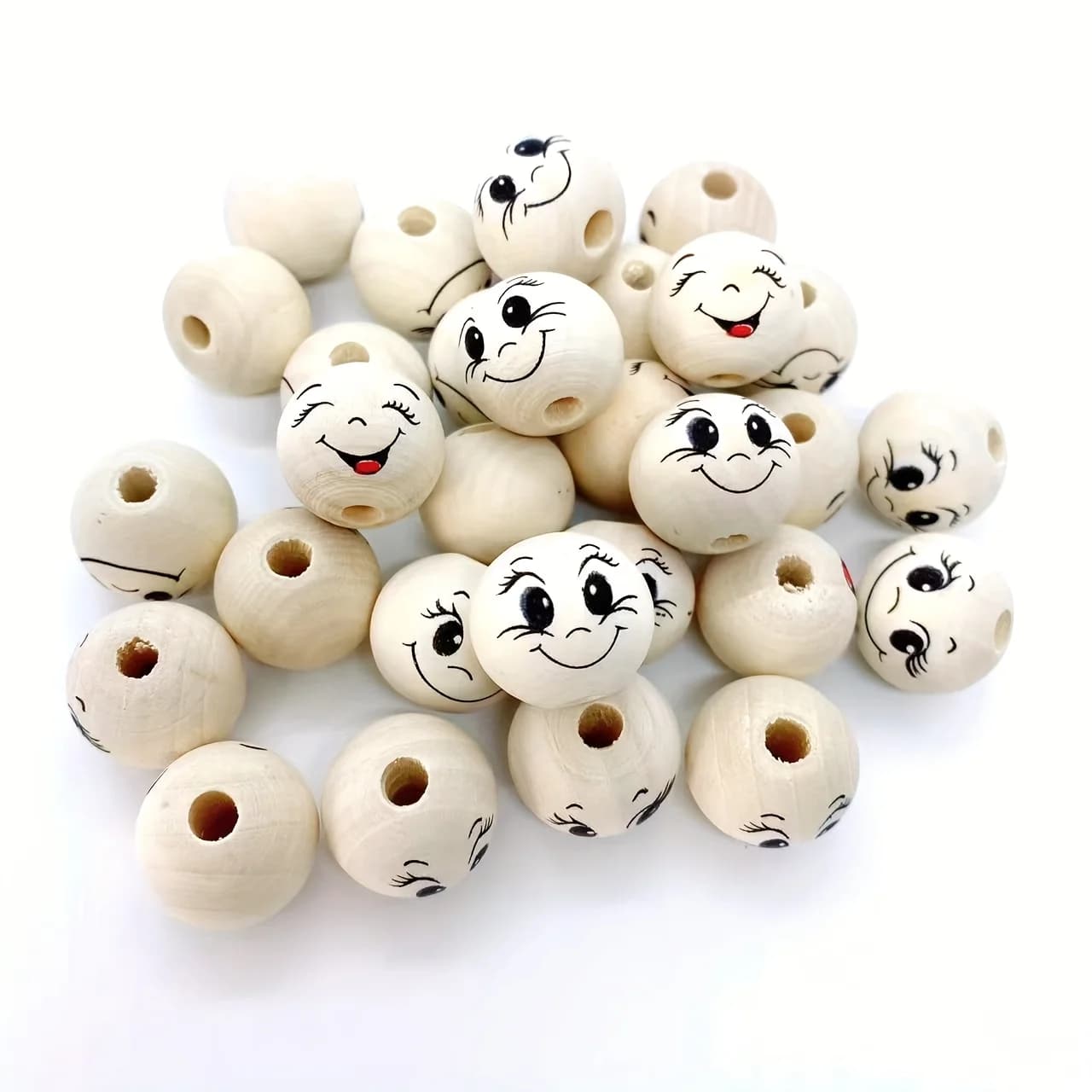 30 pièces de perles en bois avec visage souriant, fabrication de bijoux, pour artisanat, porte-clés,