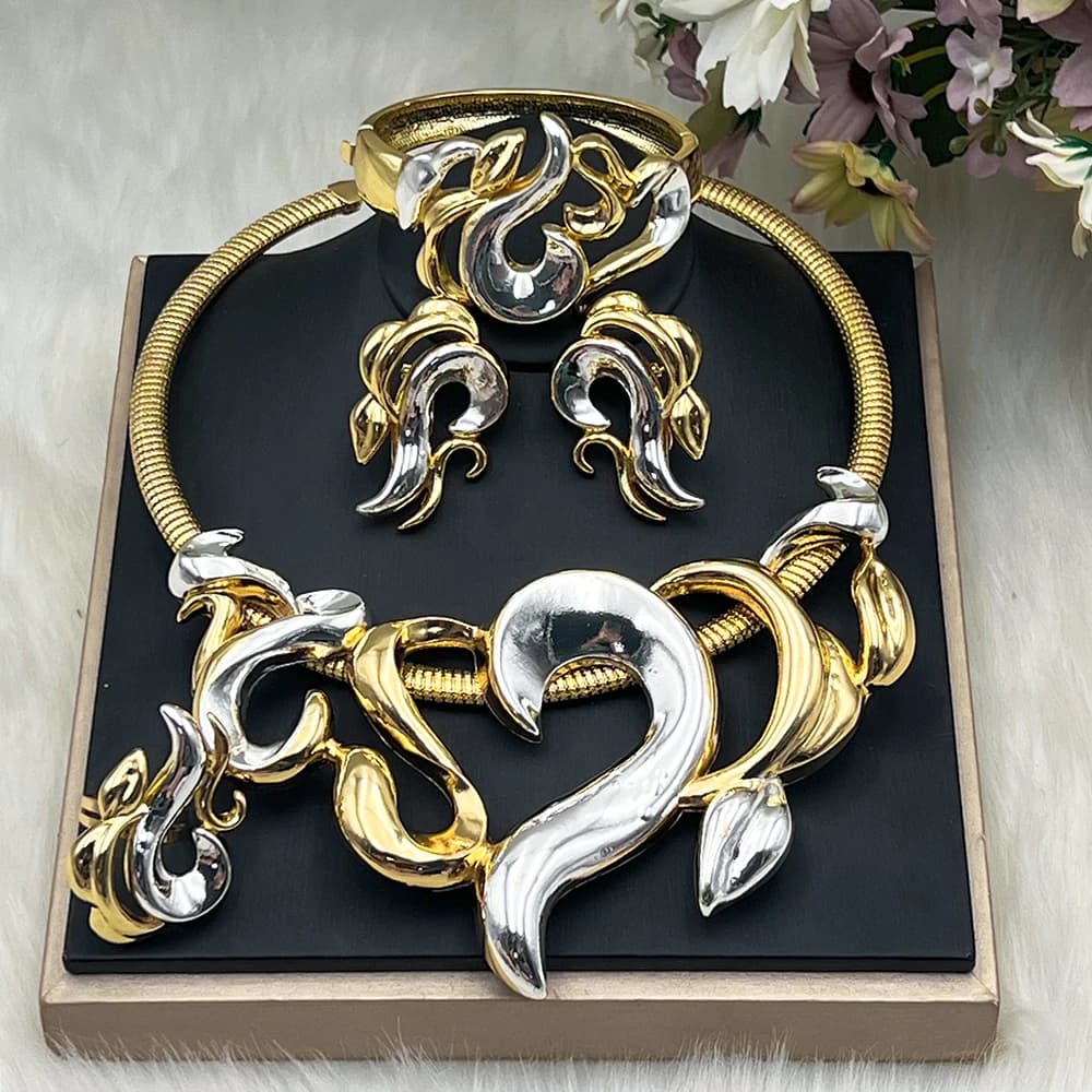 Ensembles de bijoux de luxe pour femmes, boucles d'oreilles couleur or, collier ras du cou, bracelet