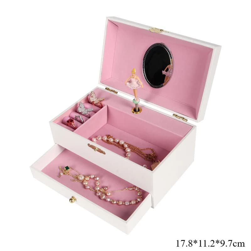 Boîte à musique blanche pure de 7 pouces, tiroir à bijoux, miroir de maquillage, boîte de rangement 