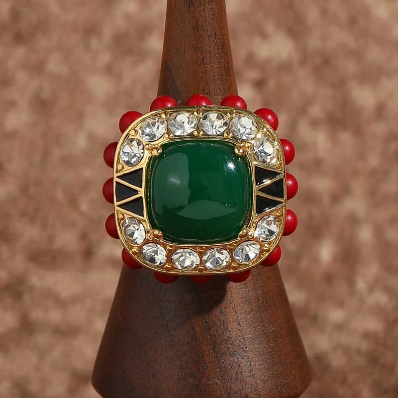 Parure de bijoux vintage en agate verte et rouge, collier pendentif, bague, boucles d'oreilles, plaq