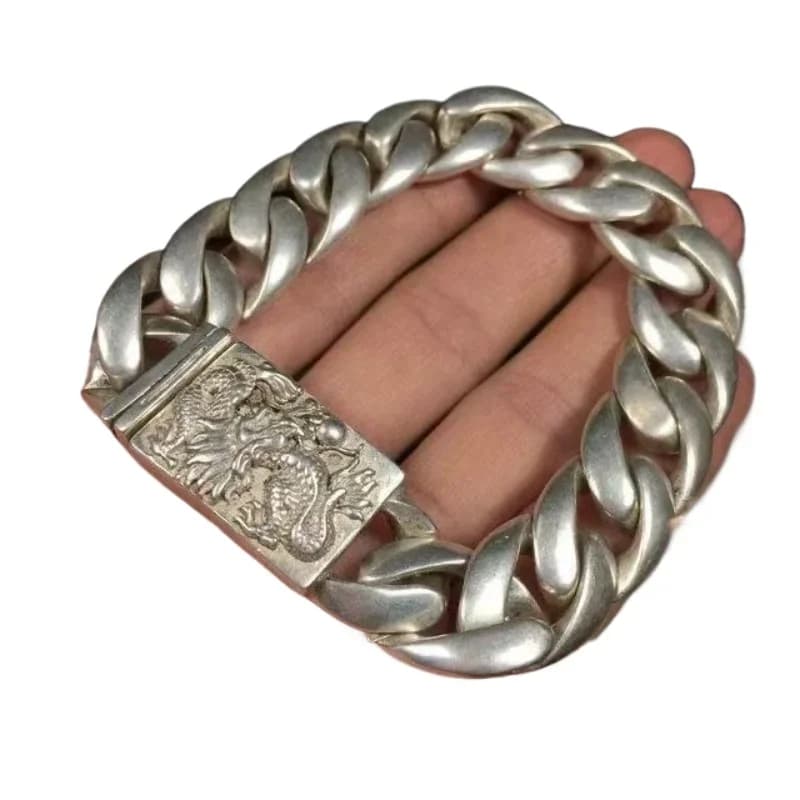 Bracelet en argent du vieux Tibet chinois asiatique, Statue de Dragon moulée à la main, bijoux à la 