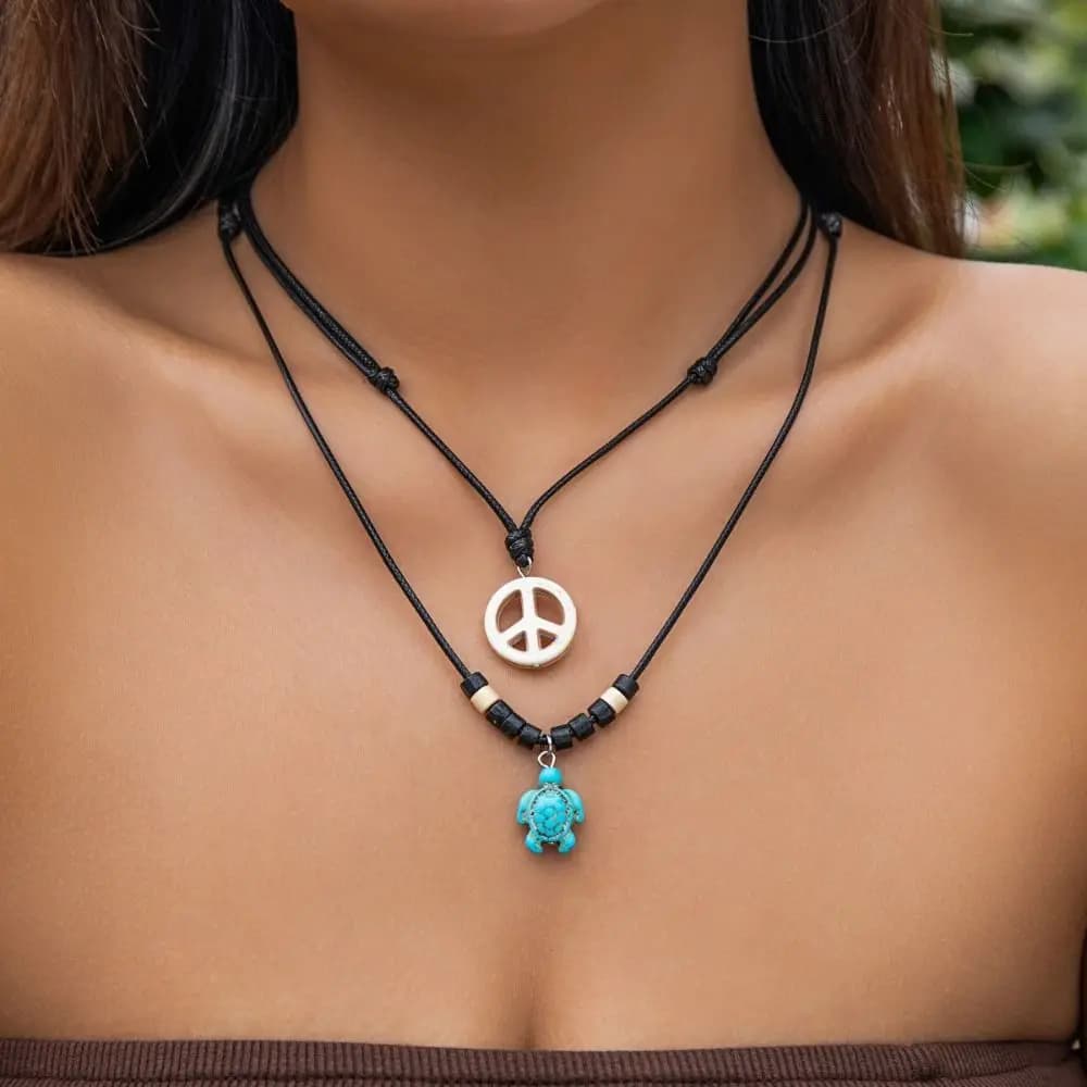 Collier Bicouche en Coquillage de Conque Vintage, Style Boho, Tortue de Mer, Ras du Cou de Plage, Pe