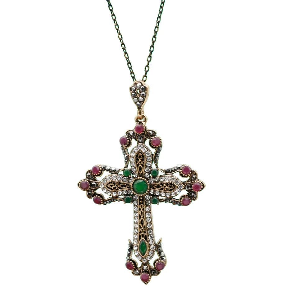 Neovisson Ethnic Jewelry Flower Cross Necklace Antique Gold Color Resin Ladies Favorite Gift Wedding