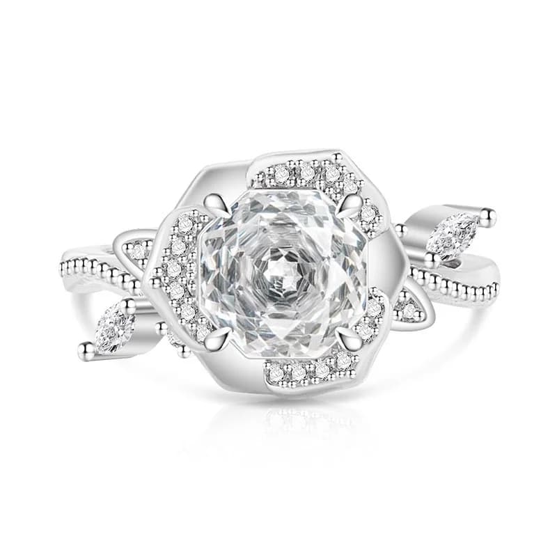 Bague en argent sterling 925 avec diamant à taille rose en carbone élevé, design en forme de rose, b