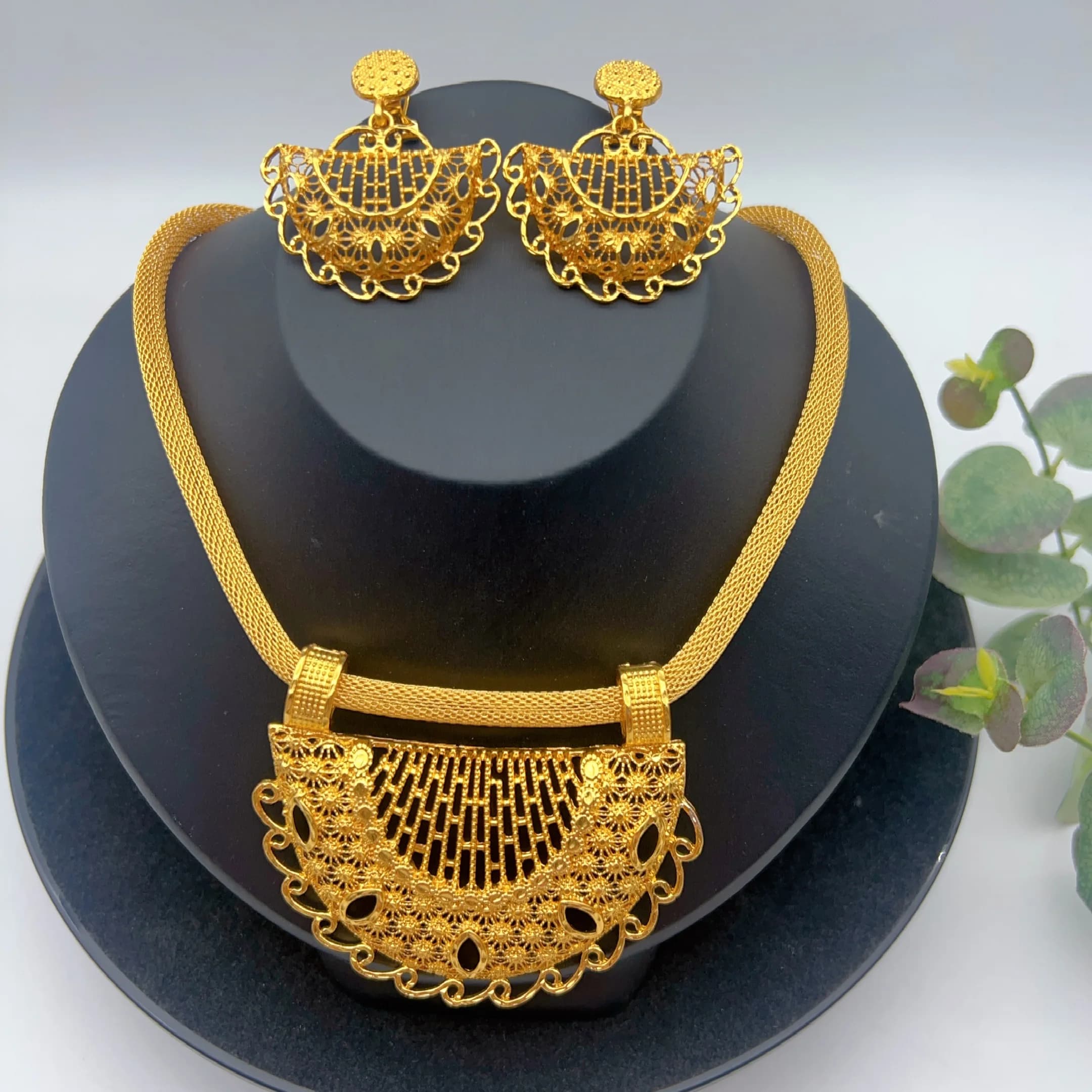 Ensemble de bijoux plaqué or 24 carats pour femmes, style nigérian, collier et boucles d'oreilles, b