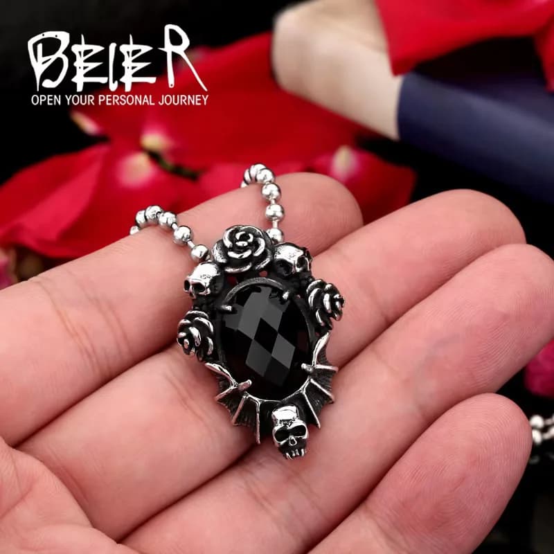 Beier nouveau magasin 316L collier en acier inoxydable pendentif Rose fleur crâne avec grand zircon 