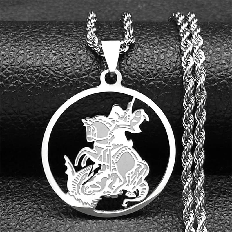 Collier pendentif Saint George PROTECT US pour femmes et hommes, collier rond en acier inoxydable, b