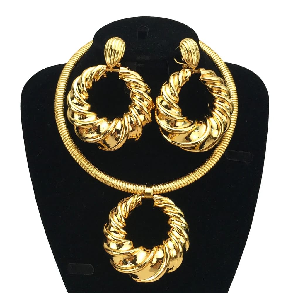 Ensemble de bijoux en or Dubai pour femmes, collier et boucle d'oreille, pendentif tendance, fête de