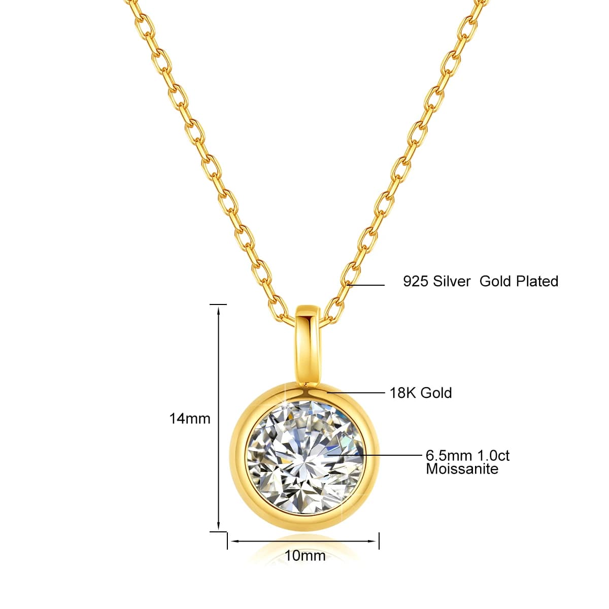 Pendentif en or 18 carats avec moissanite 1 carat, véritable or AU750, style minimaliste, collier so