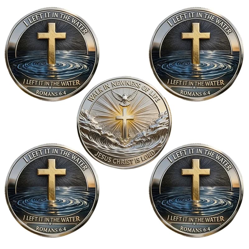 Lot de 5 Pièces Commémoratives Religieuses de Baptême avec Croix et Verset Biblique, Souvenir Chréti