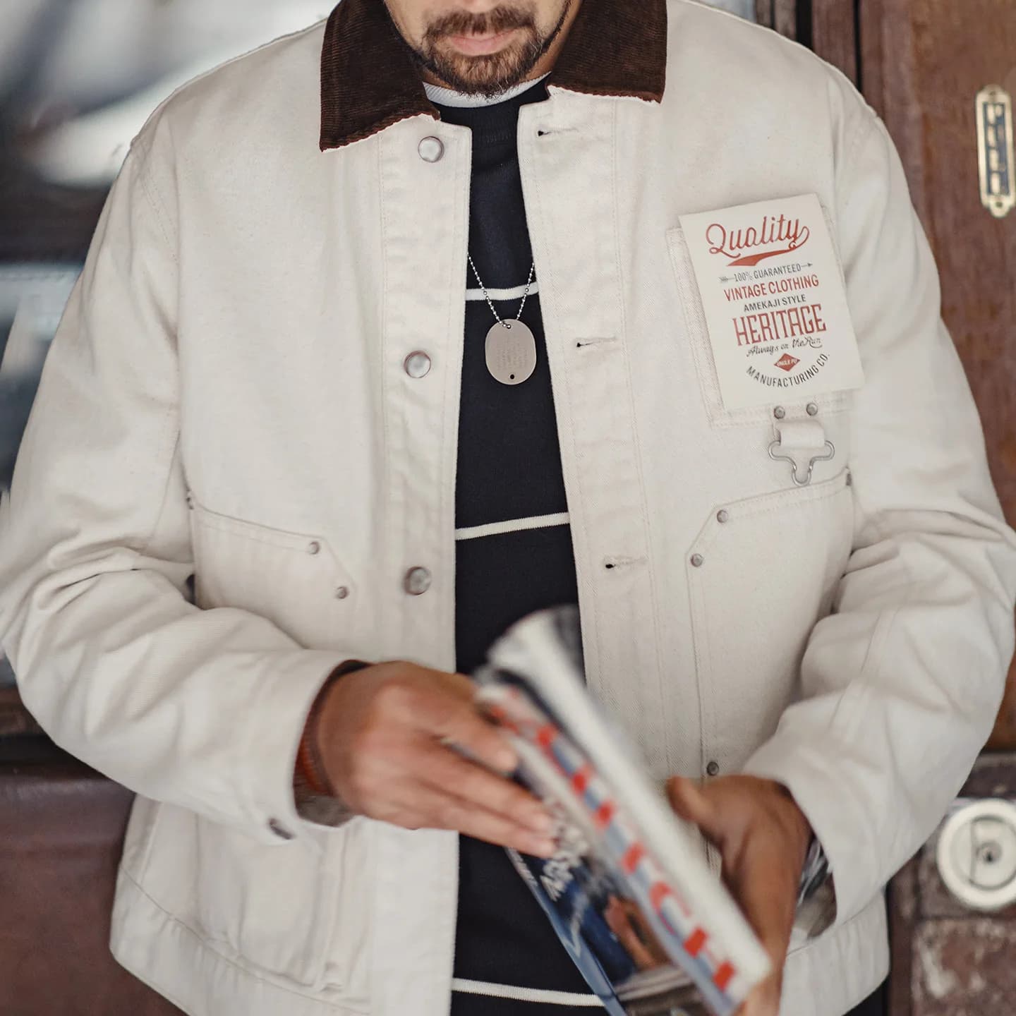 Veste Safari en Coton Blanc J22 pour Homme Maden avec Col en Velours Côtelé, Manteau de Travail Vint