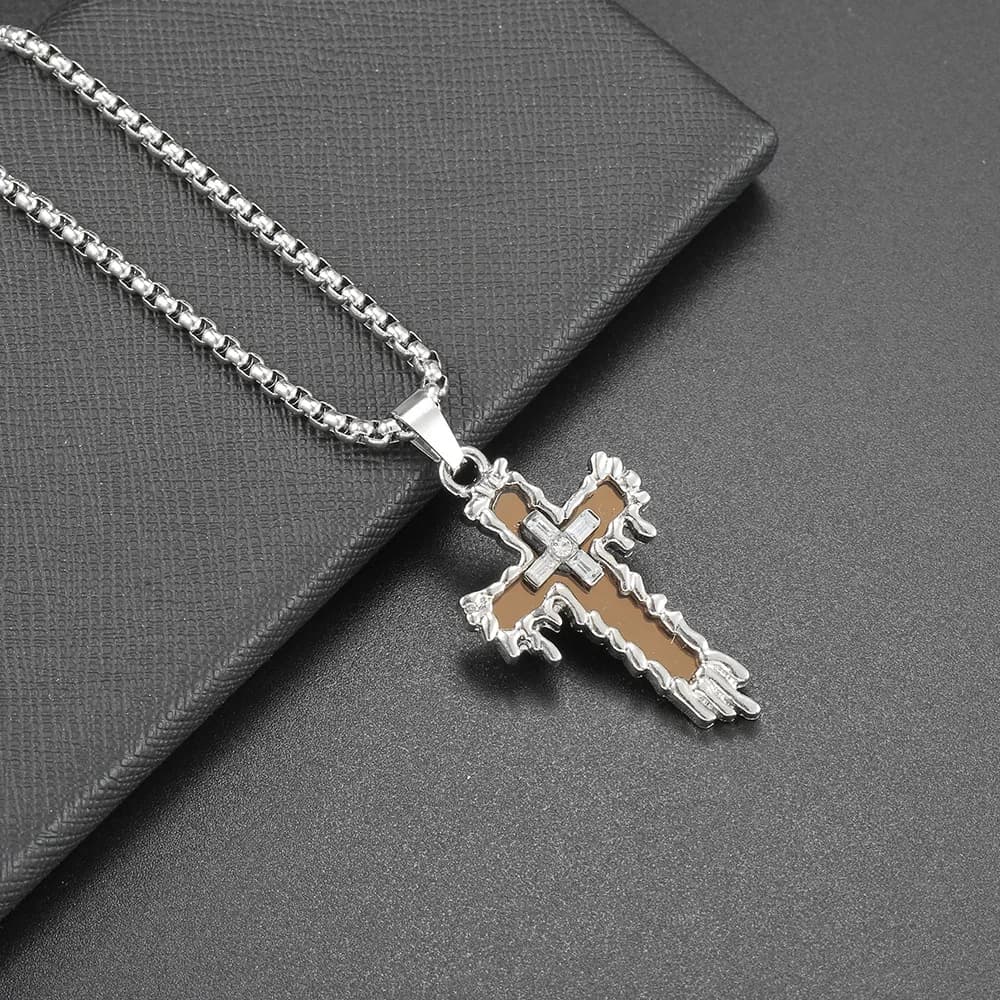 Collier croix en acier titane pour hommes, chaîne pendentif Hip Hop et décor de bureau |   Cadeau de