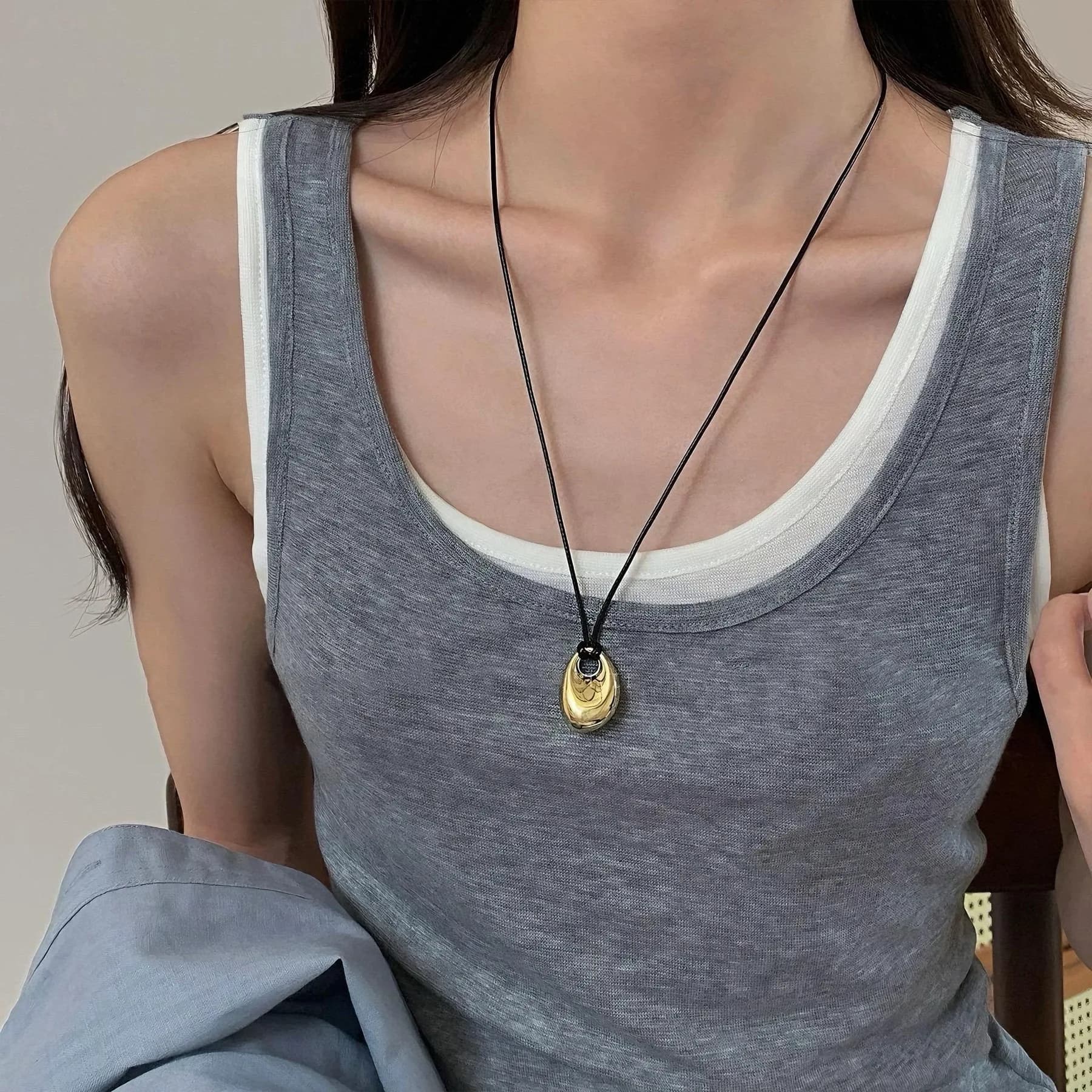 Collier réglable en cuir PU avec pendentif haricot irrégulier, chaîne de clavicule, breloque géométr