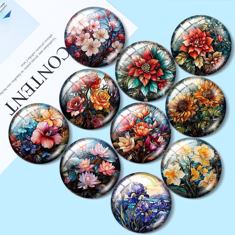 Cabochon en verre avec photo ronde, collection de fleurs en vitrail, démonstration à dos plat, fabri