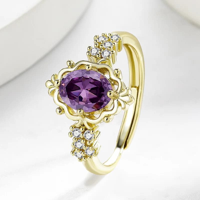 Bague vintage plaquée or avec améthyste et zircon cubique pour femme, bande ajustable en pierre viol