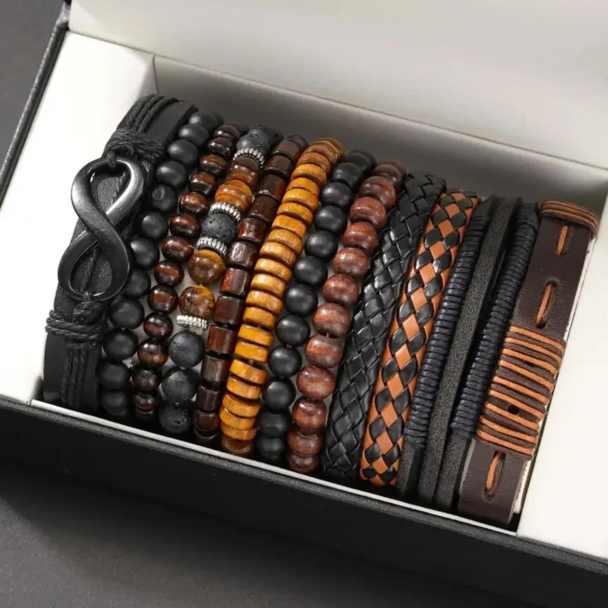 Ensemble de bracelets en Faux cuir tissé Vintage, 12 pièces, œil de tigre et perles de pierre de lun