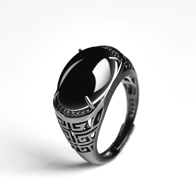 Bague vintage en argent avec jade noir naturel, bague ajustable en argent noir et blanc, bijoux fins