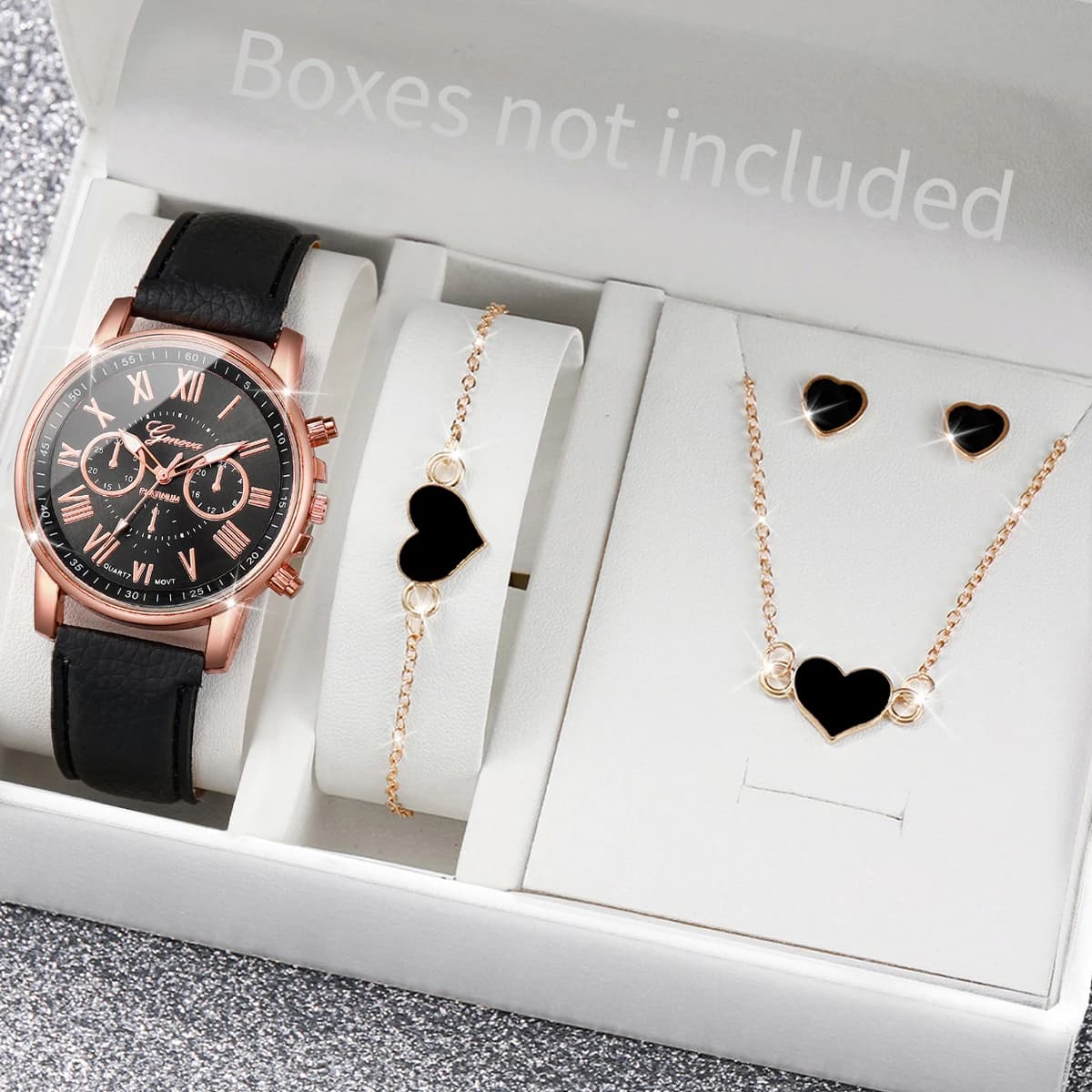 Montre à quartz avec bracelet en cuir pour femme, montres-bracelets analogiques, ensemble de bijoux 