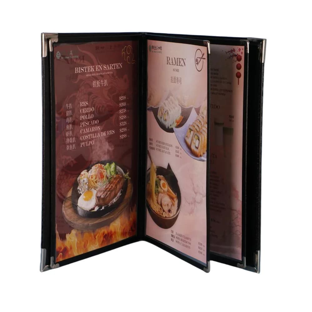 Couverture de Menu de Restaurant A4, 6 Pages, 12 vues personnalisées, Surfaces de visualisation clai