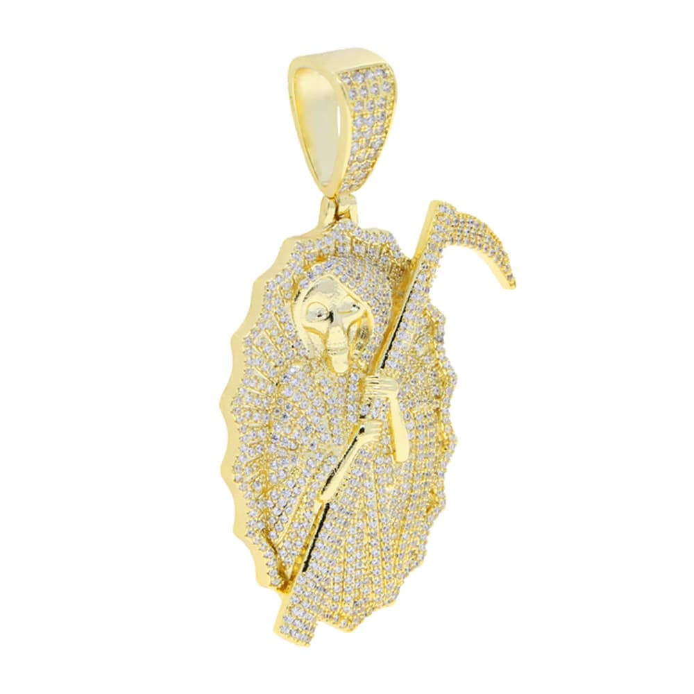 Nouveau Collier Pendentif Grim Reaper Effet Glacé Or Bling CZ Le Roi des Terrors Charme Hommes Femme