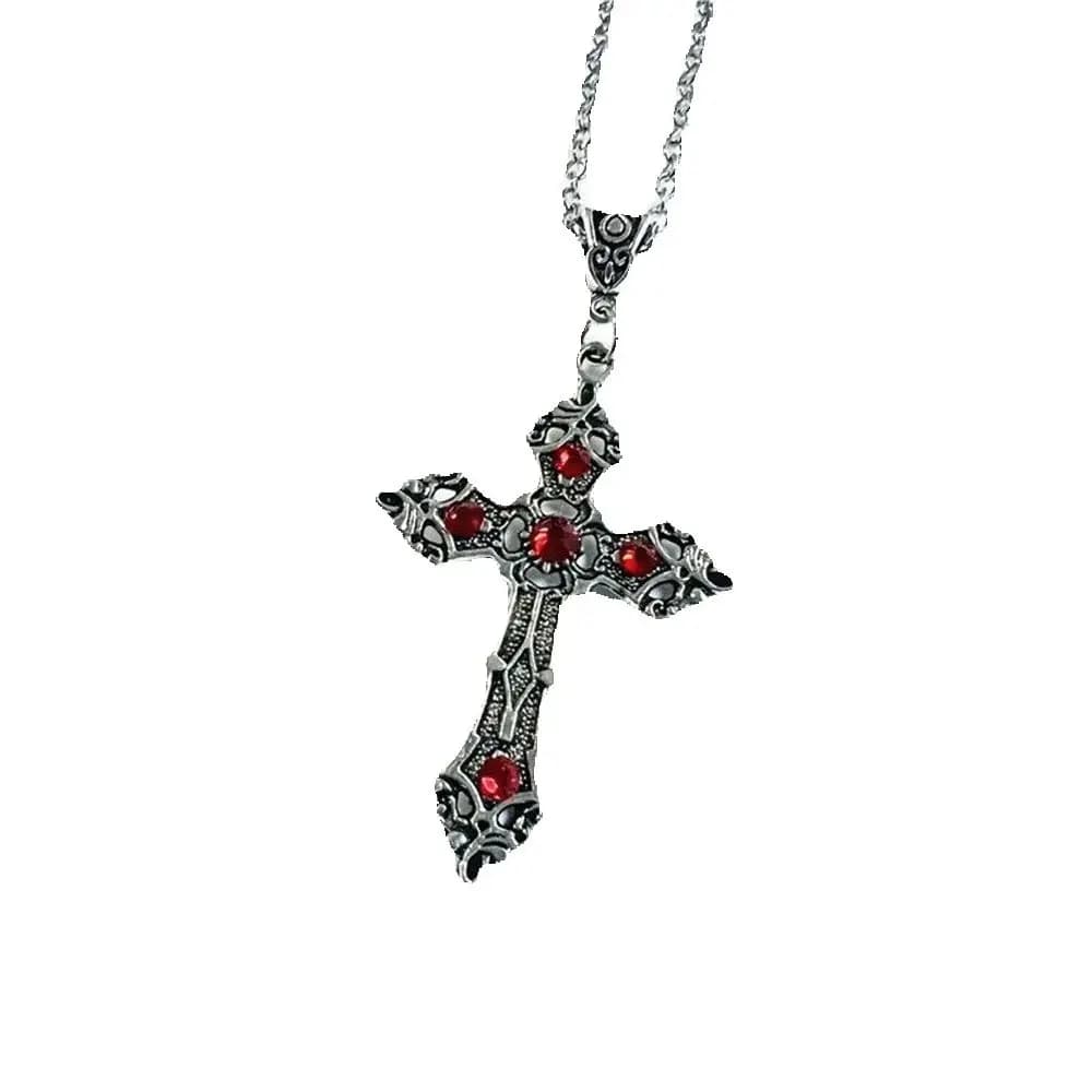 Collier gothique avec pendentif croix noire et cristal rouge rubis – Bijoux rétro minimalistes unise