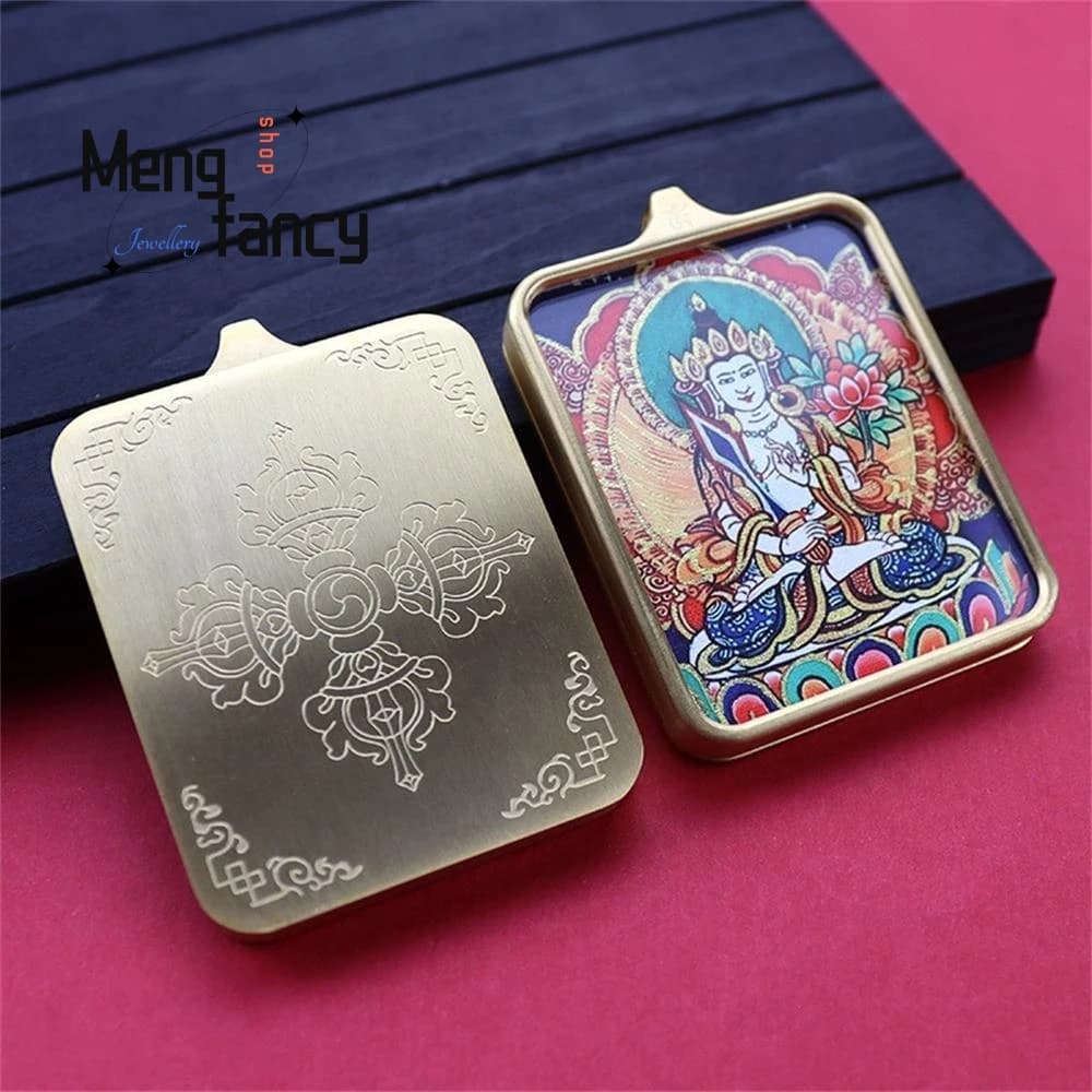 Pendentif amulette en acier titane style tibétain, Thangka peint à la main, orné d'or, avec les huit
