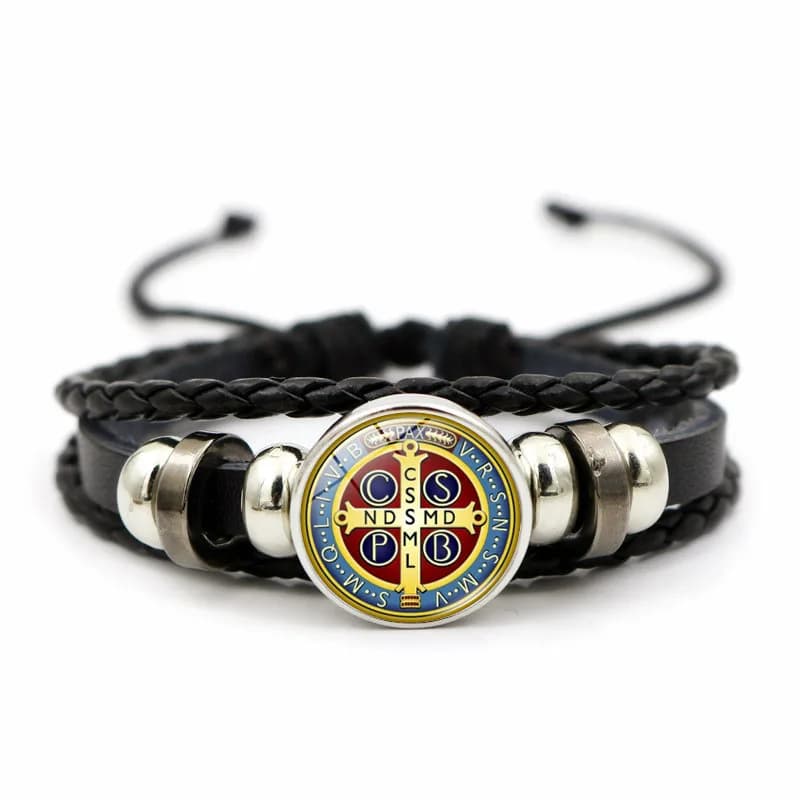 Bracelet en cuir avec médaille de Saint benoît, catholique, dôme en verre, boutons à pression, acces