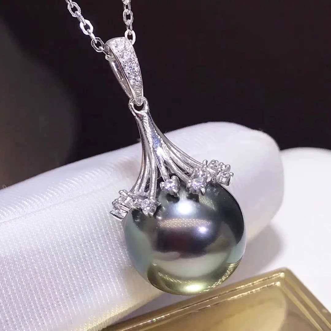 Véritable pendentif en perle de tahiti noire naturelle pour femmes, grand pendentif en argent 925, b