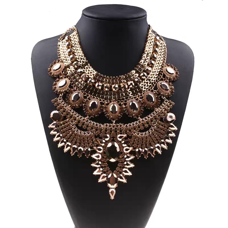 Collier ethnique indien imposant pour femme, avec cristaux et strass, collier long maxi, collier bib