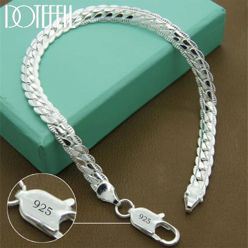 DOTEFFIL – Bracelet en argent 925, 6mm, 18/19/20cm, chaîne latérale plate, fermoir mousqueton pour f