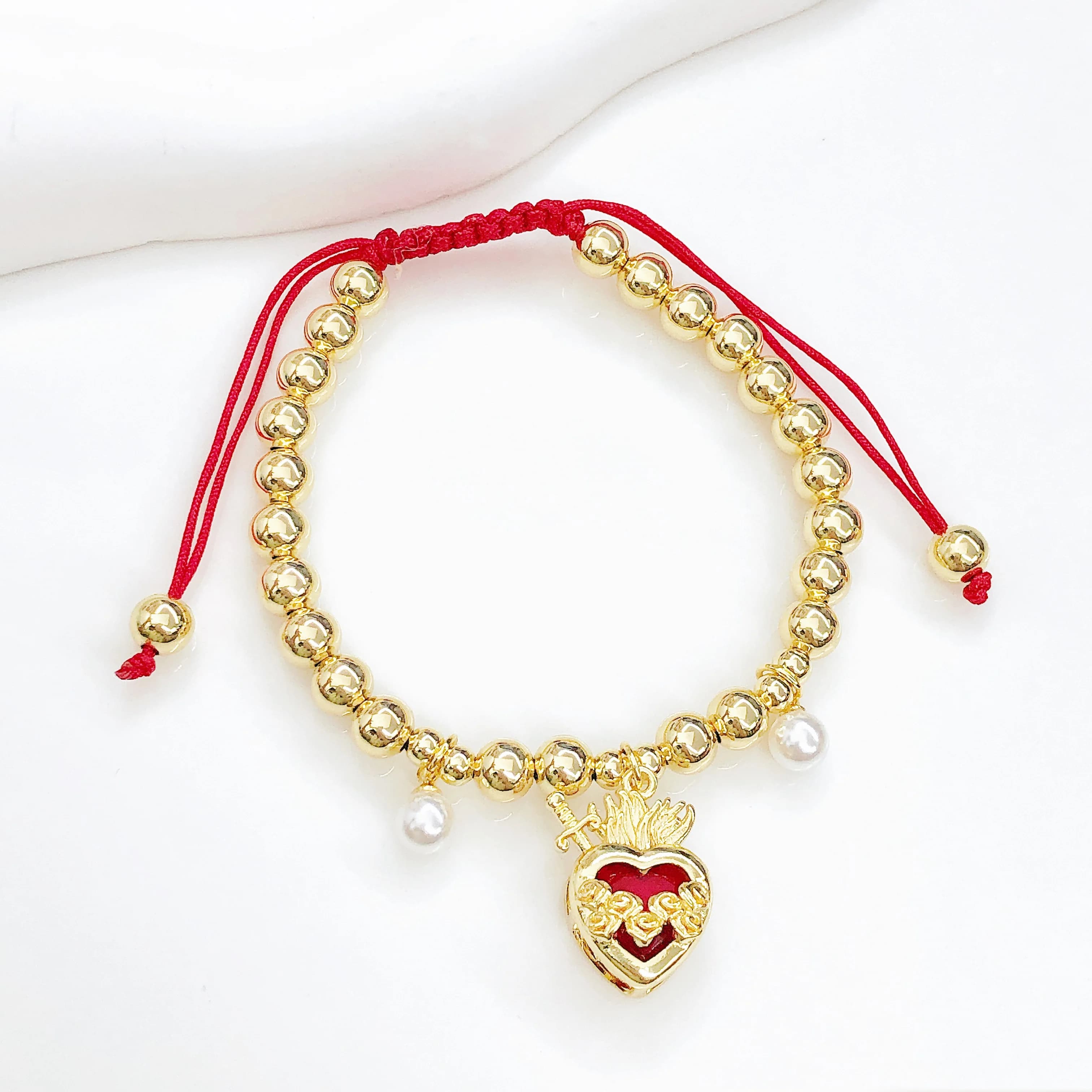 Bracelets en forme de cœur sacré rouge de jésus, croix en Zircon, chaîne de perles en cuivre pour fe
