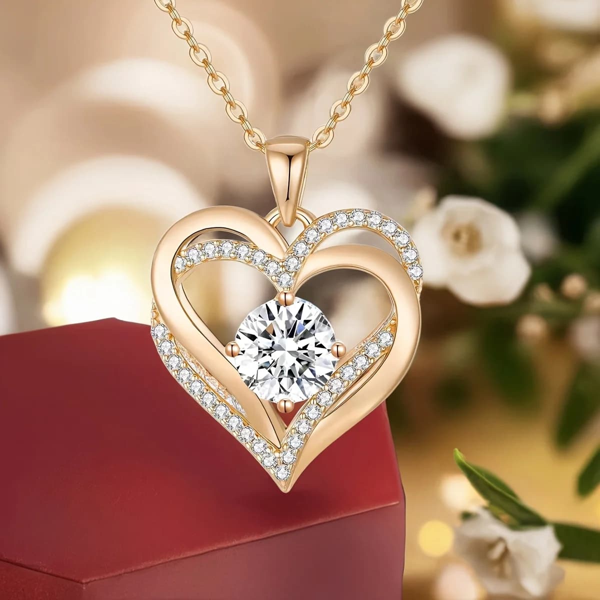 Collier pendentif rouge avec boîte-cadeau de fleur de Rose, pour petite amie, bijoux de fête d'anniv