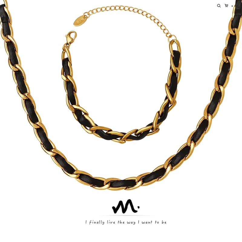 Ensemble collier et bracelet en corde de cuir tressée tendance, style minimaliste, accessoires de pe