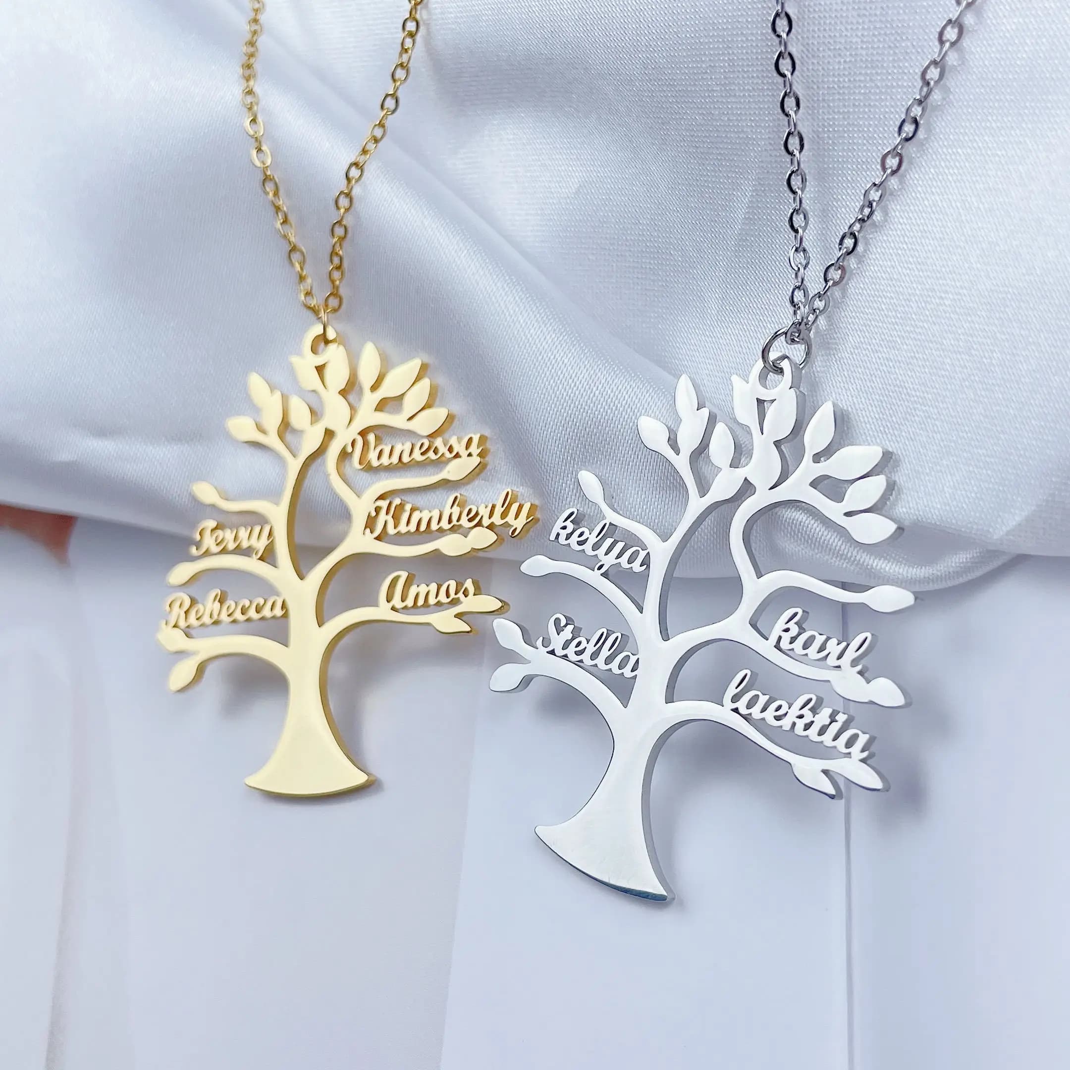 Collier arbre de vie personnalisé avec 1 à 6 noms, pendentif avec plaque signalétique en acier inoxy