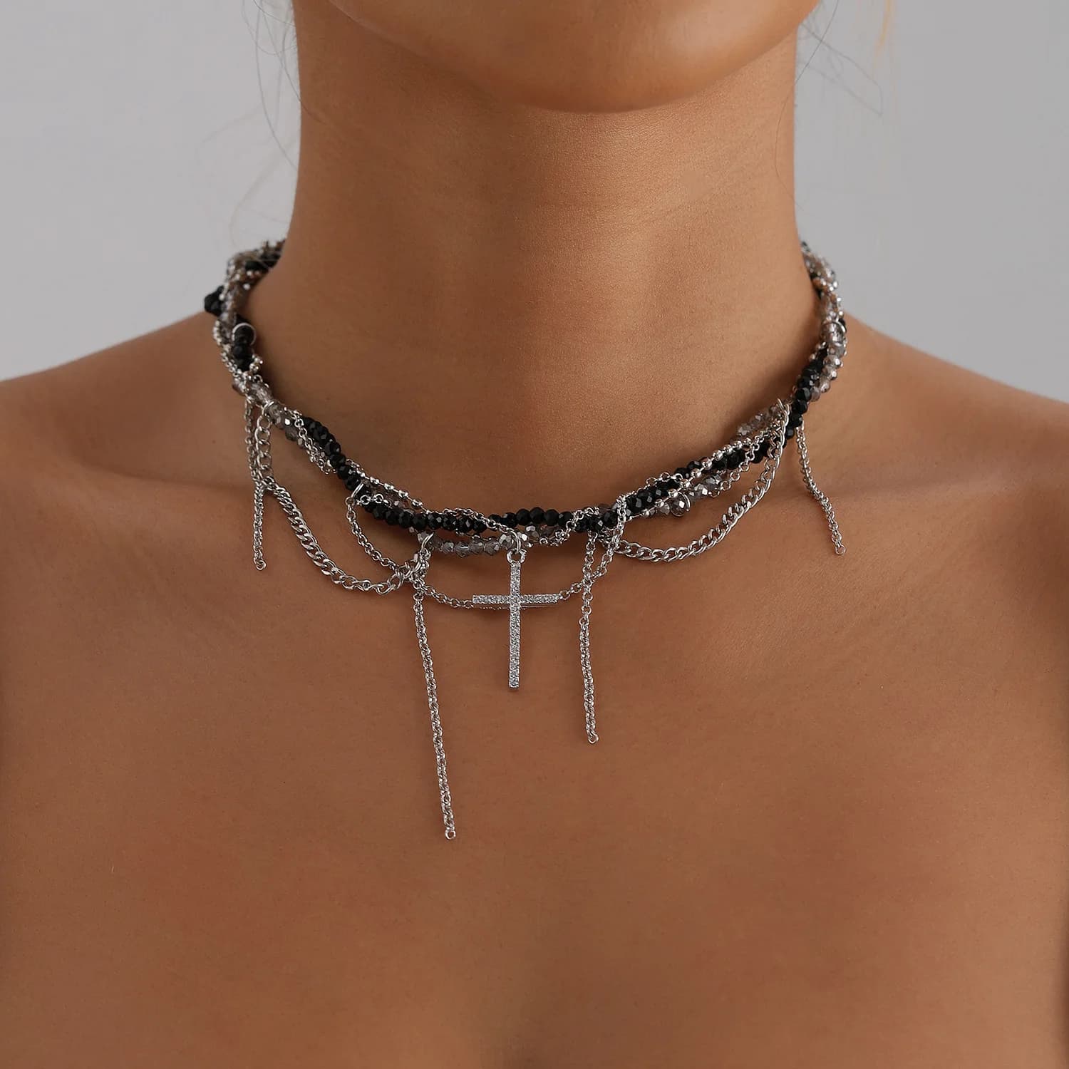 Collier Punk en Imitation de perles pour femmes et hommes, style hip hop, perles métalliques, Long p