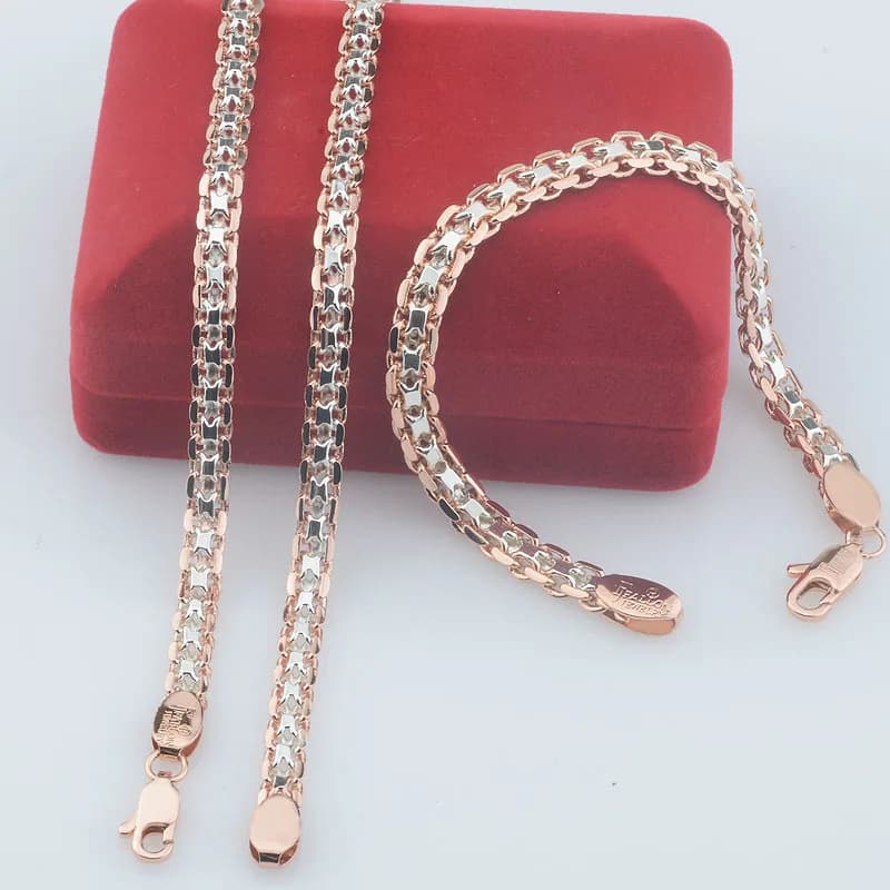 FJ 5mm femmes 585 blanc Rose or couleur tissage tresse Bracelet collier ensemble