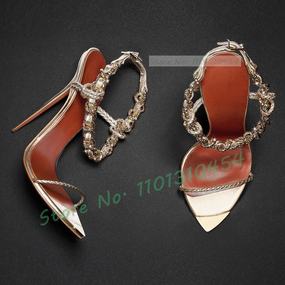 Chaîne tissée sandales métalliques femmes plaqué or pointu fine sangle en cuir brillant féminin talo