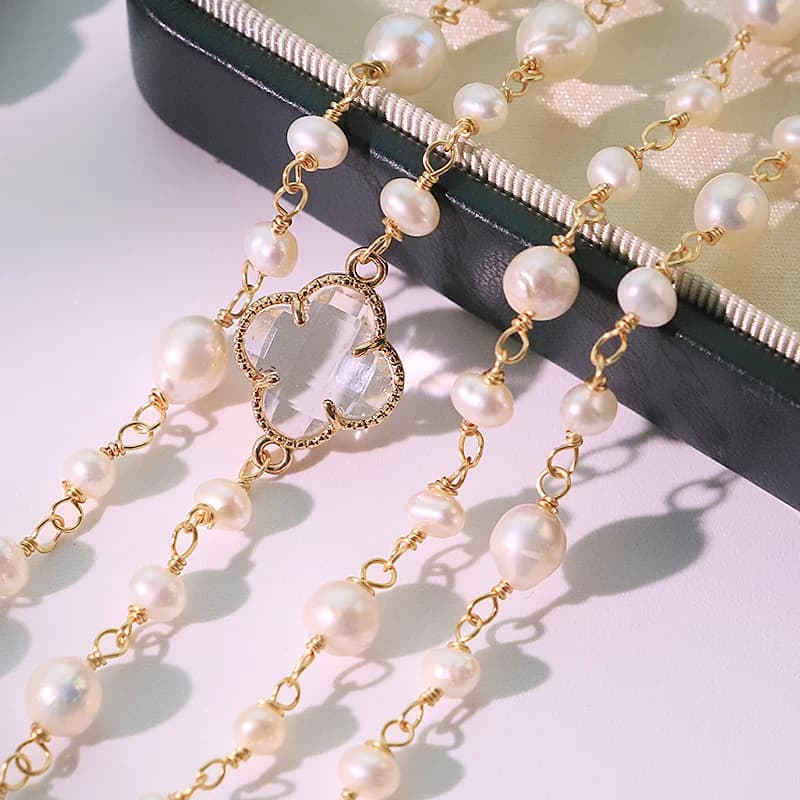 Collier Long en verre de trèfle de perles d'eau douce naturelles, chaîne de pull incrustée de Zircon