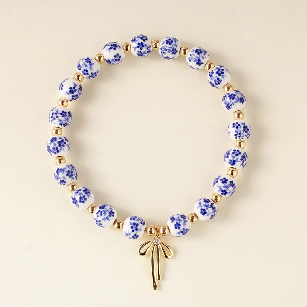 Bracelet chinois en porcelaine bleue et blanche, breloque avec nœud en céramique, peinture à l'encre