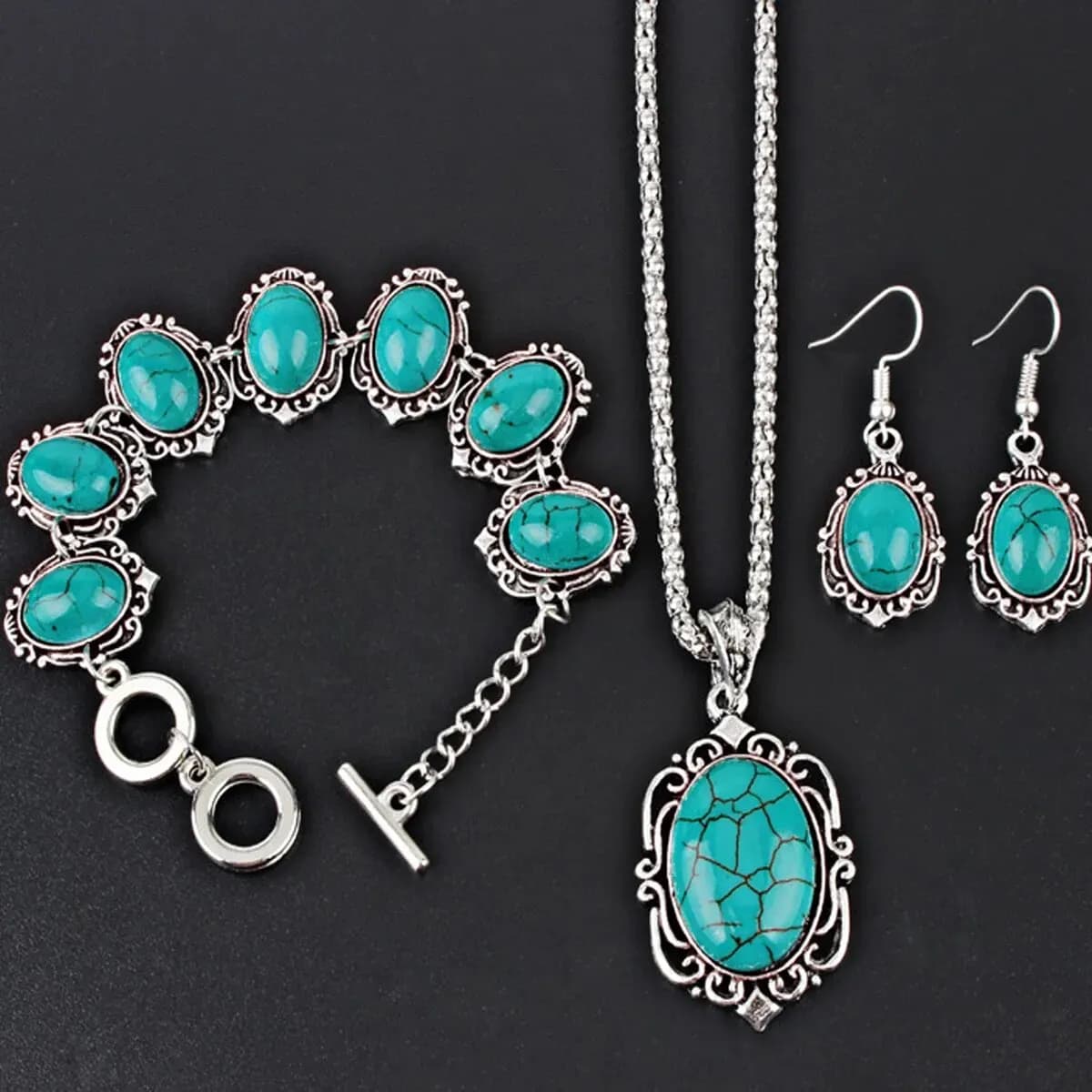 Ensemble de boucles d'oreilles et collier pour femmes, 3 pièces, Vintage, Turquoise, décoration en p
