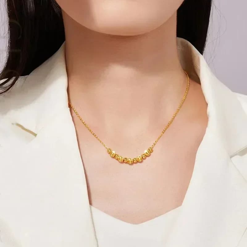 Collier en Or Pur de Haute Qualité avec Perles de Lampe en Œil de Chat 24K, Cadeau Porte-Bonheur pou