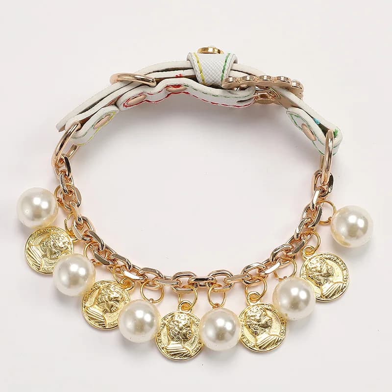 Collier et laisse de perles de luxe pour chien de compagnie, cuir, biscuits de cristal, petit, chiot