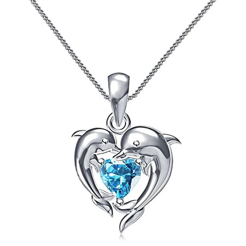 Huitan Couple dauphin avec coeur bleu CZ collier femmes Chic mariée mariage clavicule chaîne collier