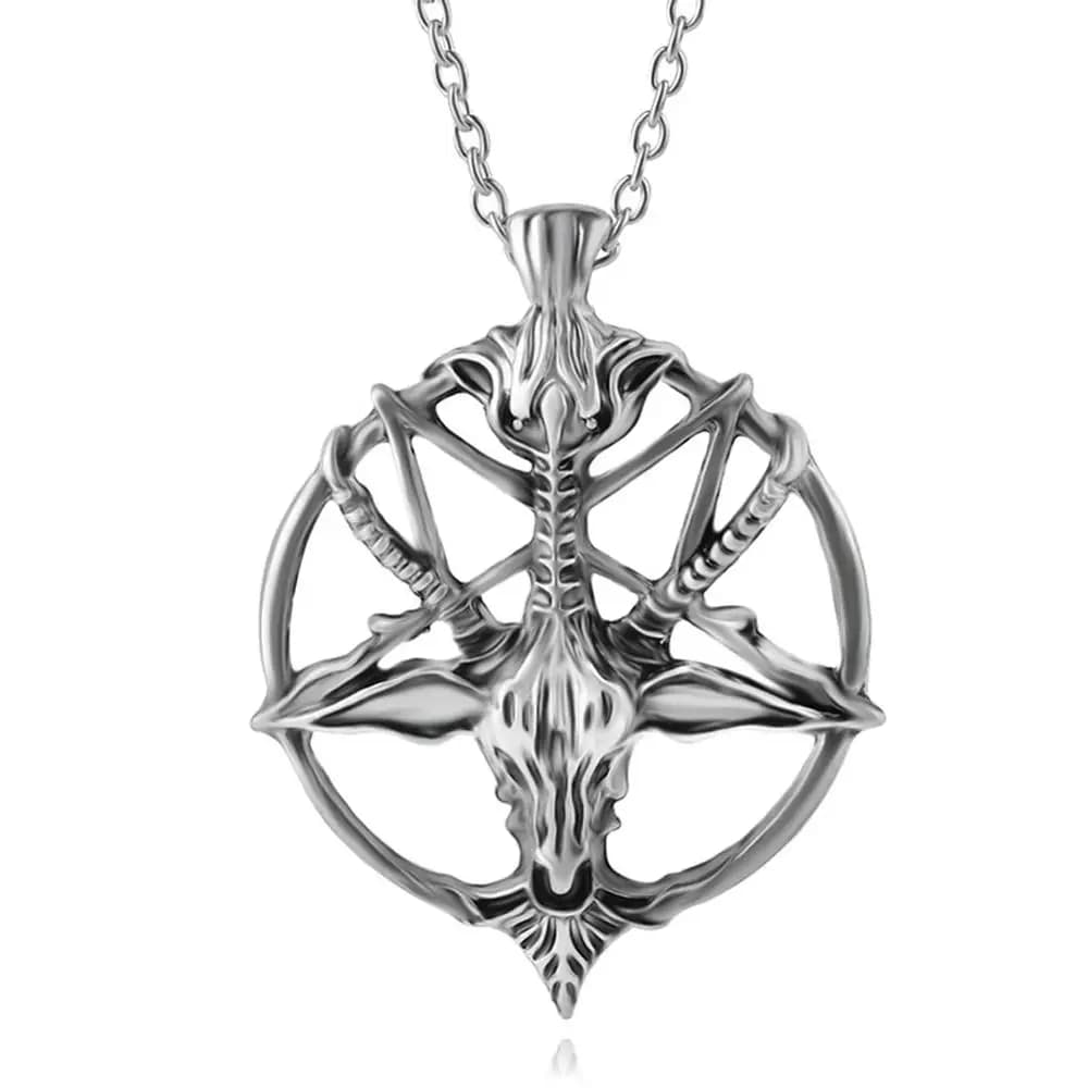 Collier pendentif tête de chèvre Baphomet en bijouterie gothique Laveyan, pentagramme inversé, sigil