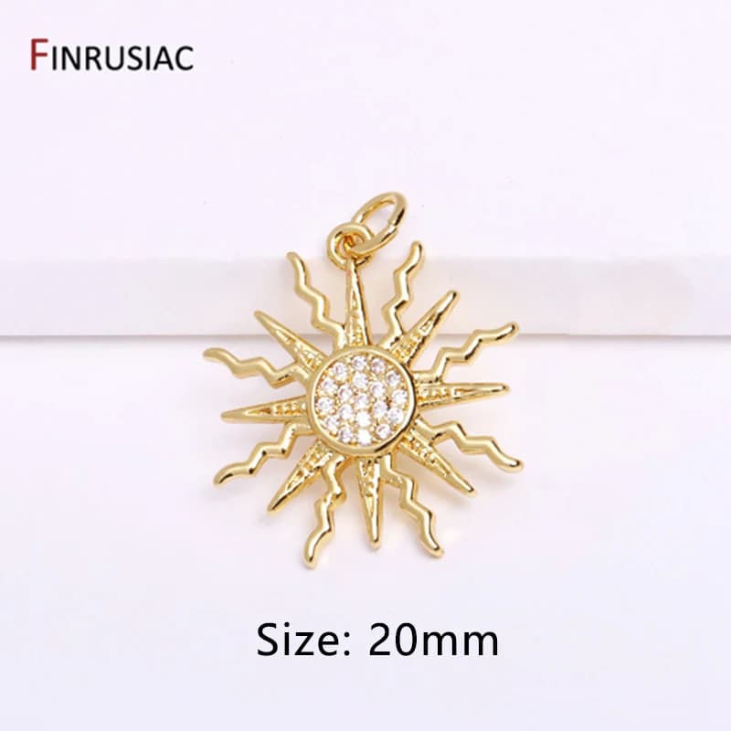Breloques soleil rondes plaquées or 14K, pendentifs soleil en laiton incrusté de Zircon pour bricola