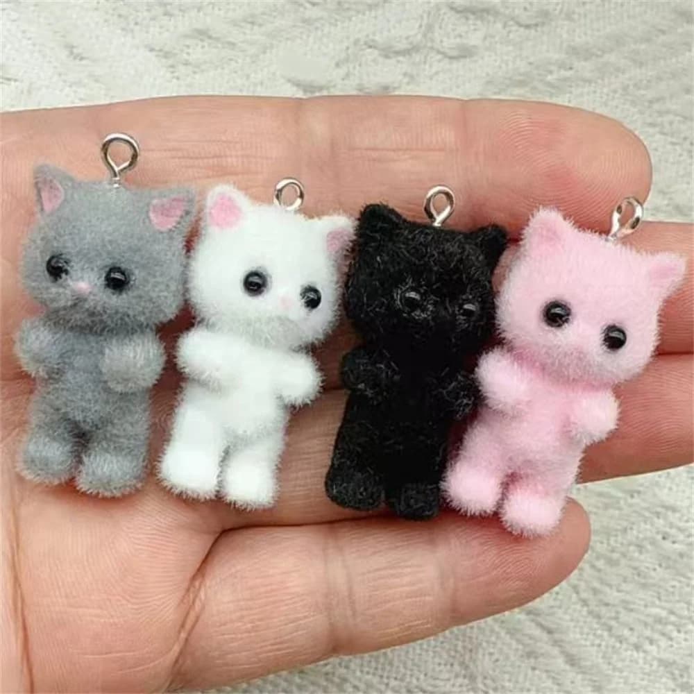 4 pièces Kawaii 3D moelleux flocage résine chat animaux pendentif à breloques coloré porte-clés coll